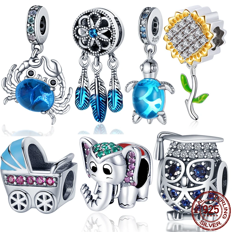 

925 Sterling Silver Blue Crab-shaped Sunflower Beaded Pendant Suitable for Original Pandora Bracelet Ladies Fashion DIY Jewelry