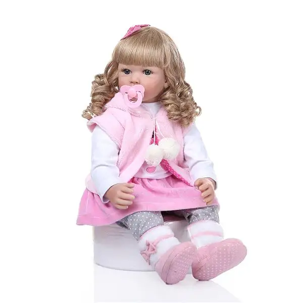 

24" Beautiful Simulation Baby Golden Curly Girl Wearing Pink Rabbit Clothes Doll toy gift