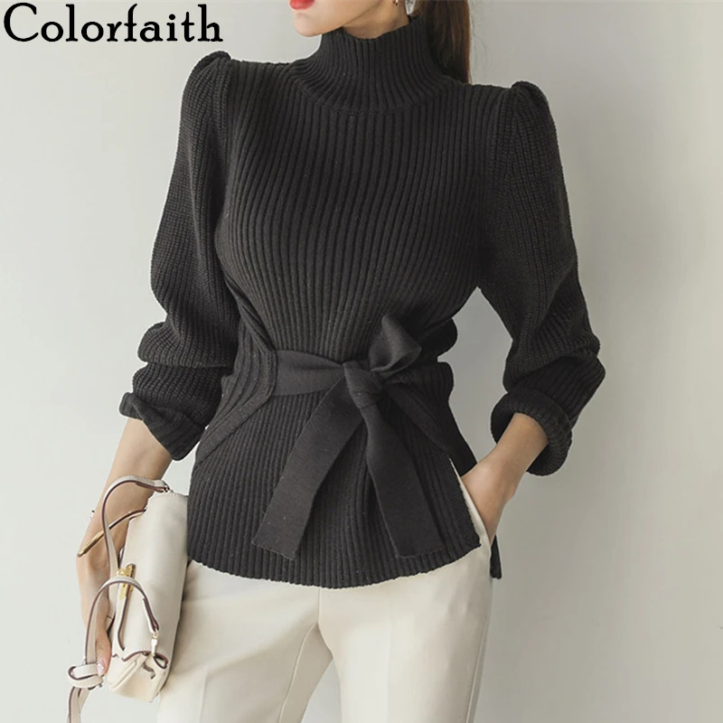 Женский трикотажный свитер с высоким воротником на шнуровке | Женская одежда