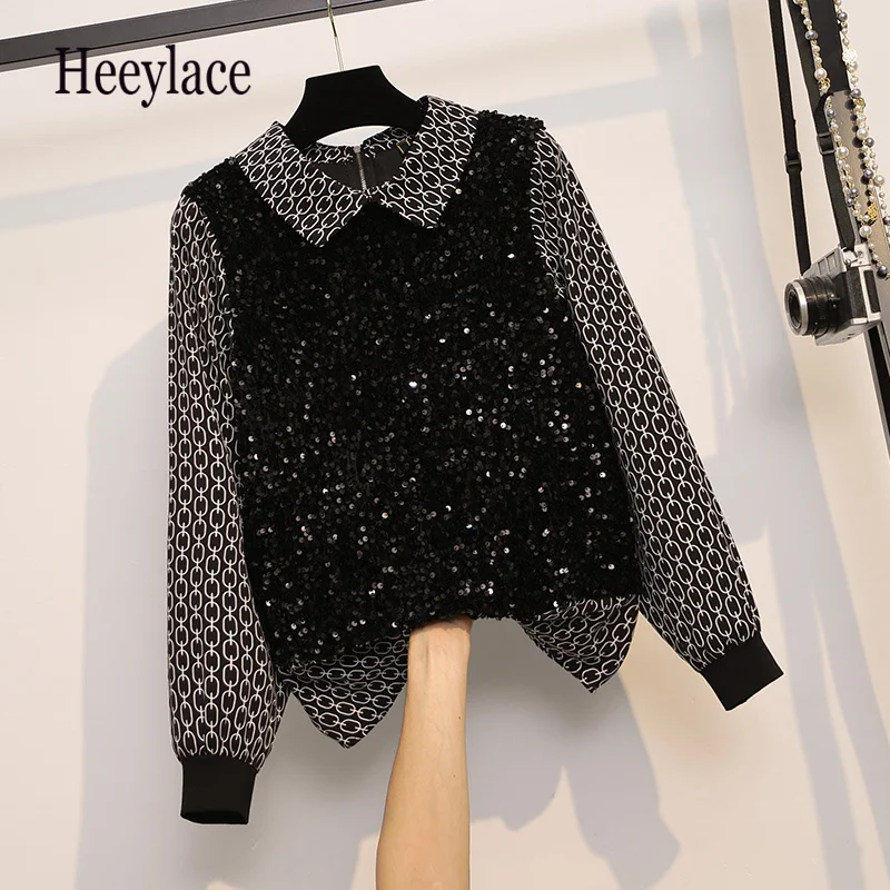 

Women Long Sleeve Patchwork Sequined Blouse Korean Casual Women Tops 2021 Fashion Female Blouses