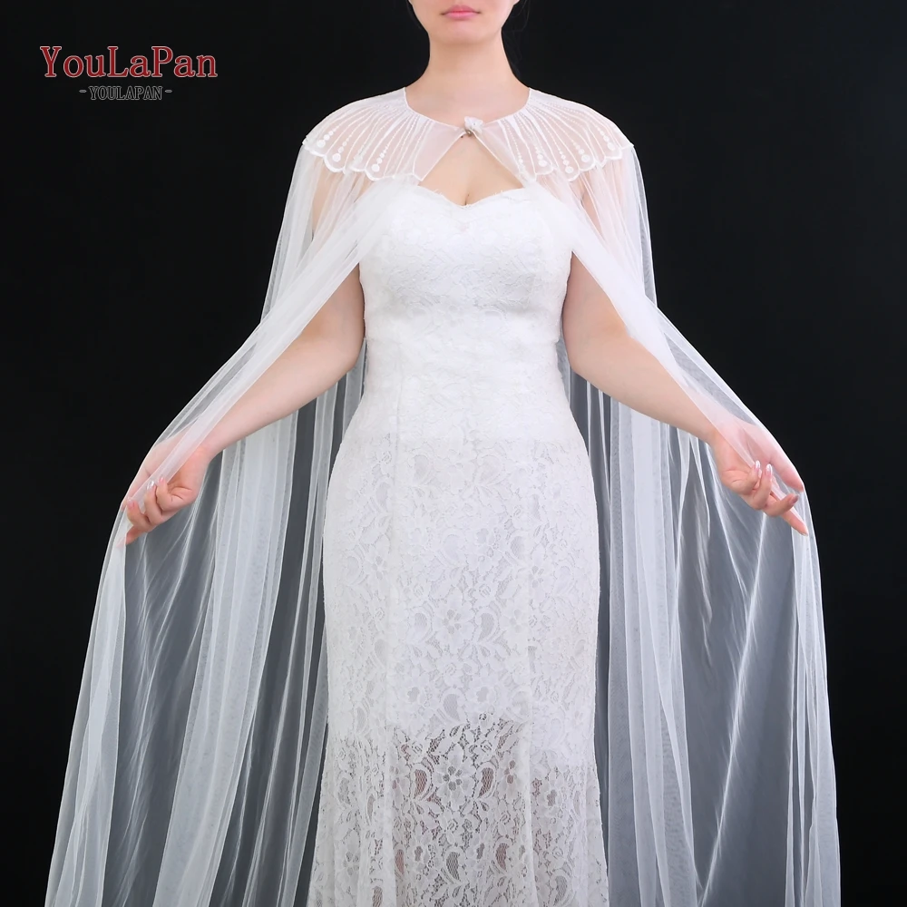 

YouLaPan G24 Bridal Cape Cloak Wrap Lace Lotus leaf Edge Jacket Cathedral Wedding Sheer Cape Shawl Tulle for Bride Wedding