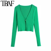 traf women fashion single button ribbed knit cardigan sweater vintage v neck long sleeve female outerwear chic tops