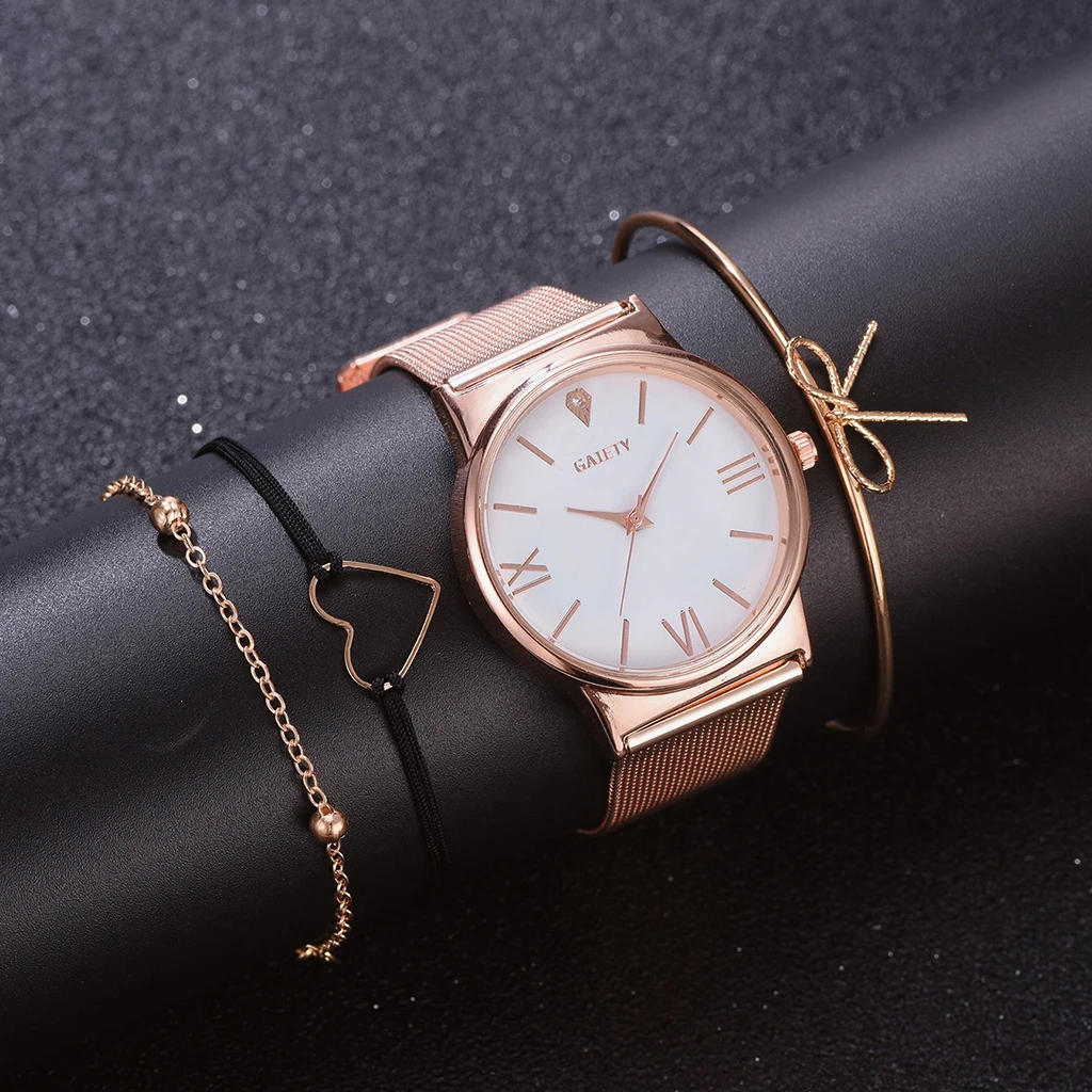 

4PCS Women Watches Luxury Wrist watch relogio feminino Clock for Women Milanese Steel Lady Rose Gold Quartz Ladies Watch New