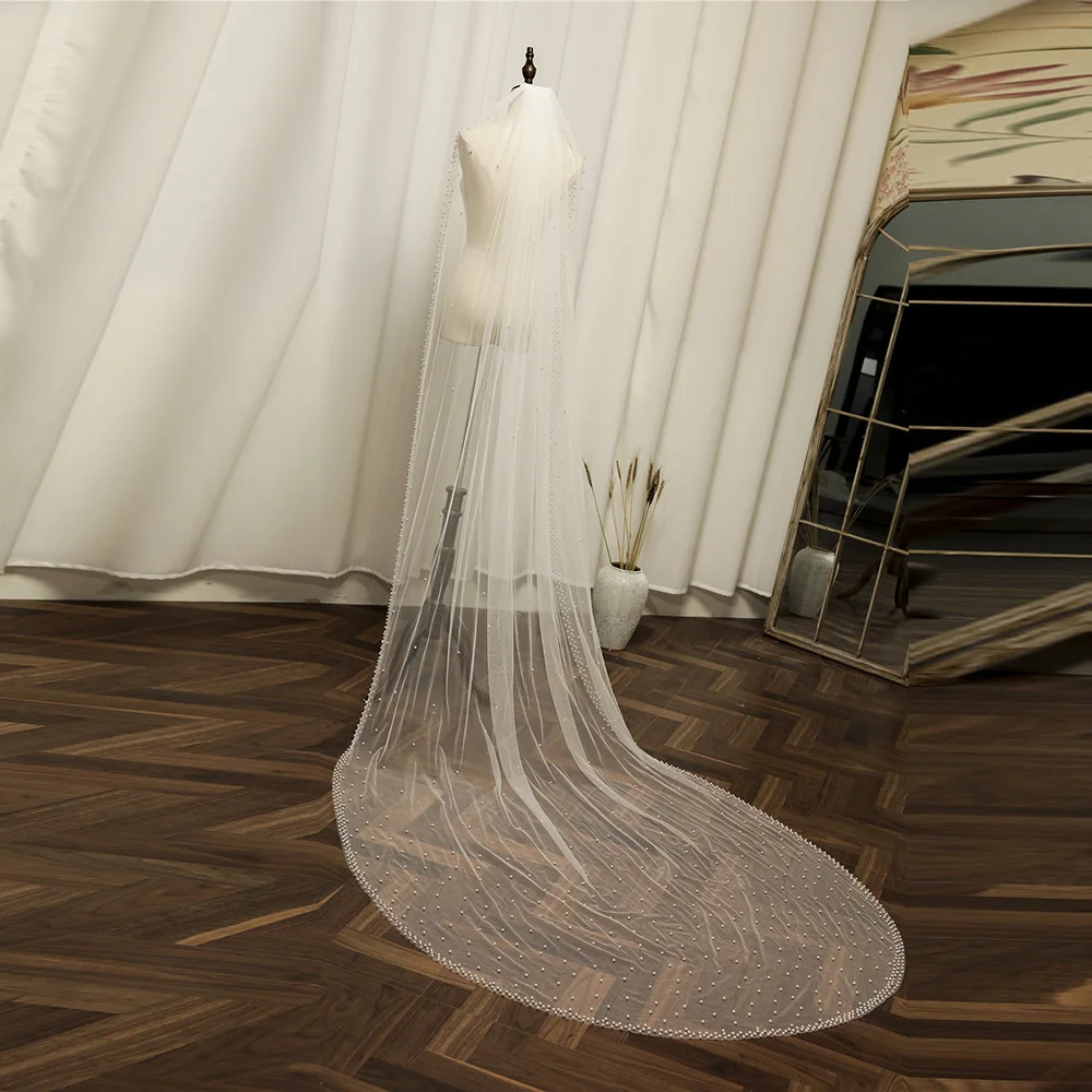 

Фата с жемчугом NZUK, Длинная свадебная, с расческой, одноярусная, модный дизайн