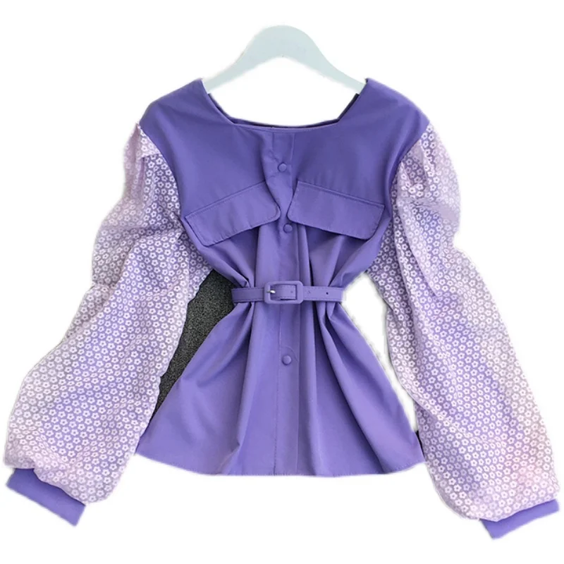 

2021 New Spring Fashion All-match Square collar Long Sleeve Shirt lace stitching waist slim Shirt To with sashes