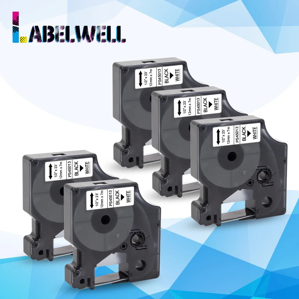 Labelwell 5 шт. 12 мм Dymo D1 45013 черная на белой этикетке лента совместима с label Manager Maker 210 450