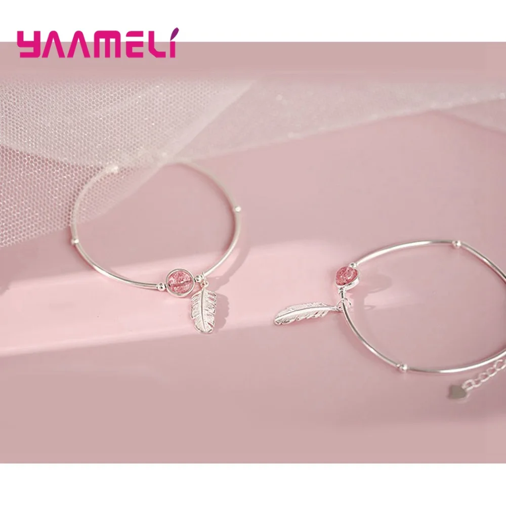 925 Sterling Silver Strawberry Quartz Crystal Feather Charm Bracelet Bangles Adjustable Cuff Braclets for Women Wedding Jewelry | Украшения