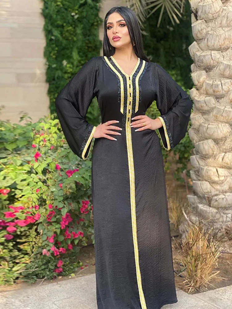 Дубай Abaya платье Jalabiya Мода для женщин элегантные Стразы ленты хиджаб халат марокканский кафтан ислам Арабская индейка одежда