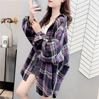 spring and autumn women retro plaid shirt loose casual long sleeve streetwear geometric casual shirts tops women clothes