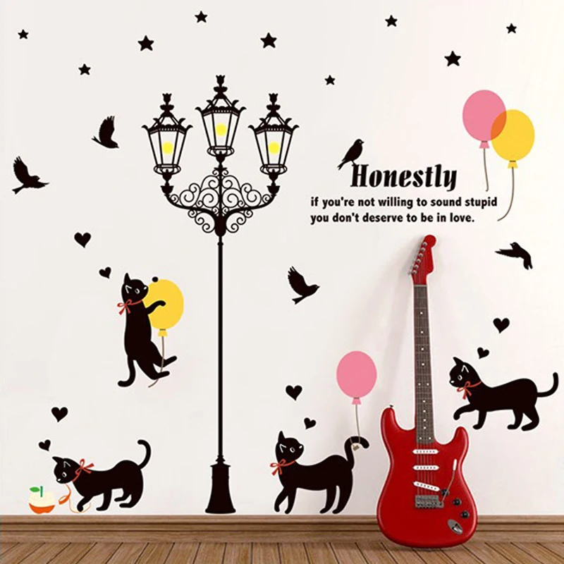 Мультяшные Кошки под уличной лампой настенные наклейки для детей спальни