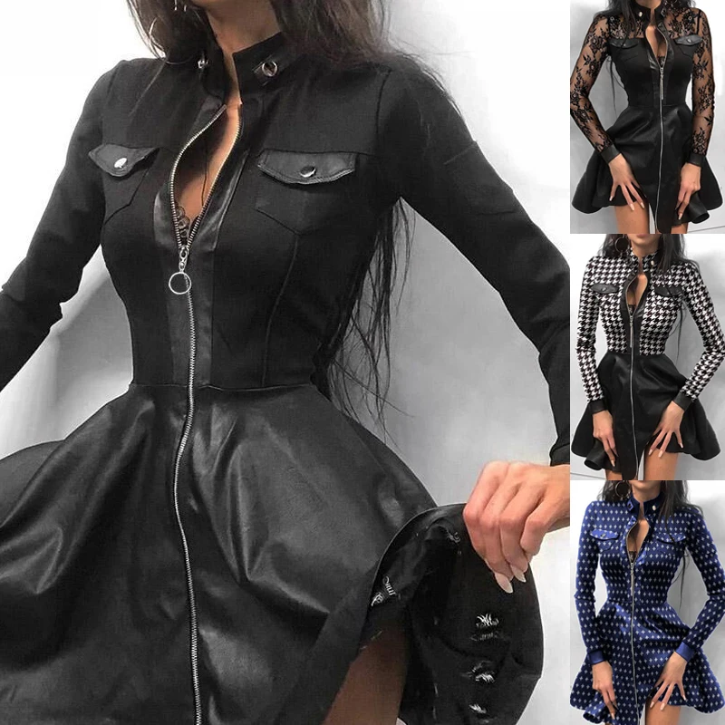 

Ladies Sexy Stand Collar Print Zipper Long Sleeve Mini Casual Spring Autumn Fashion Pocket PU Leather Skirt Elegant Slim Dress