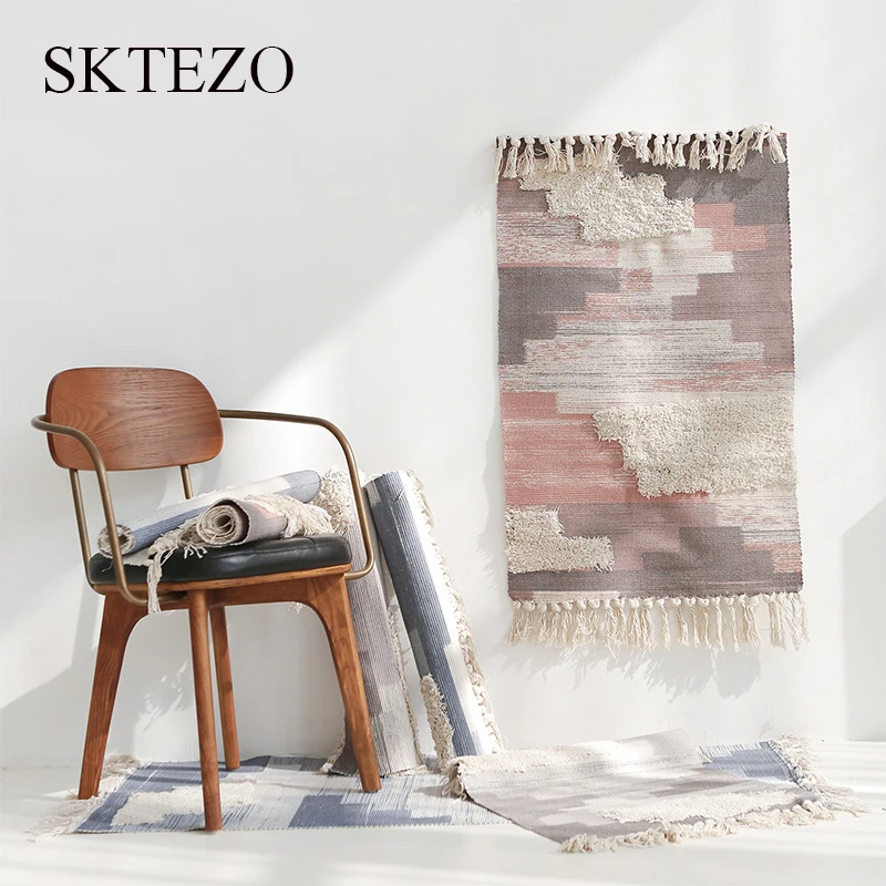 SKTEZO Ретро богемный ручной тканый хлопковый льняной коврик с кисточками