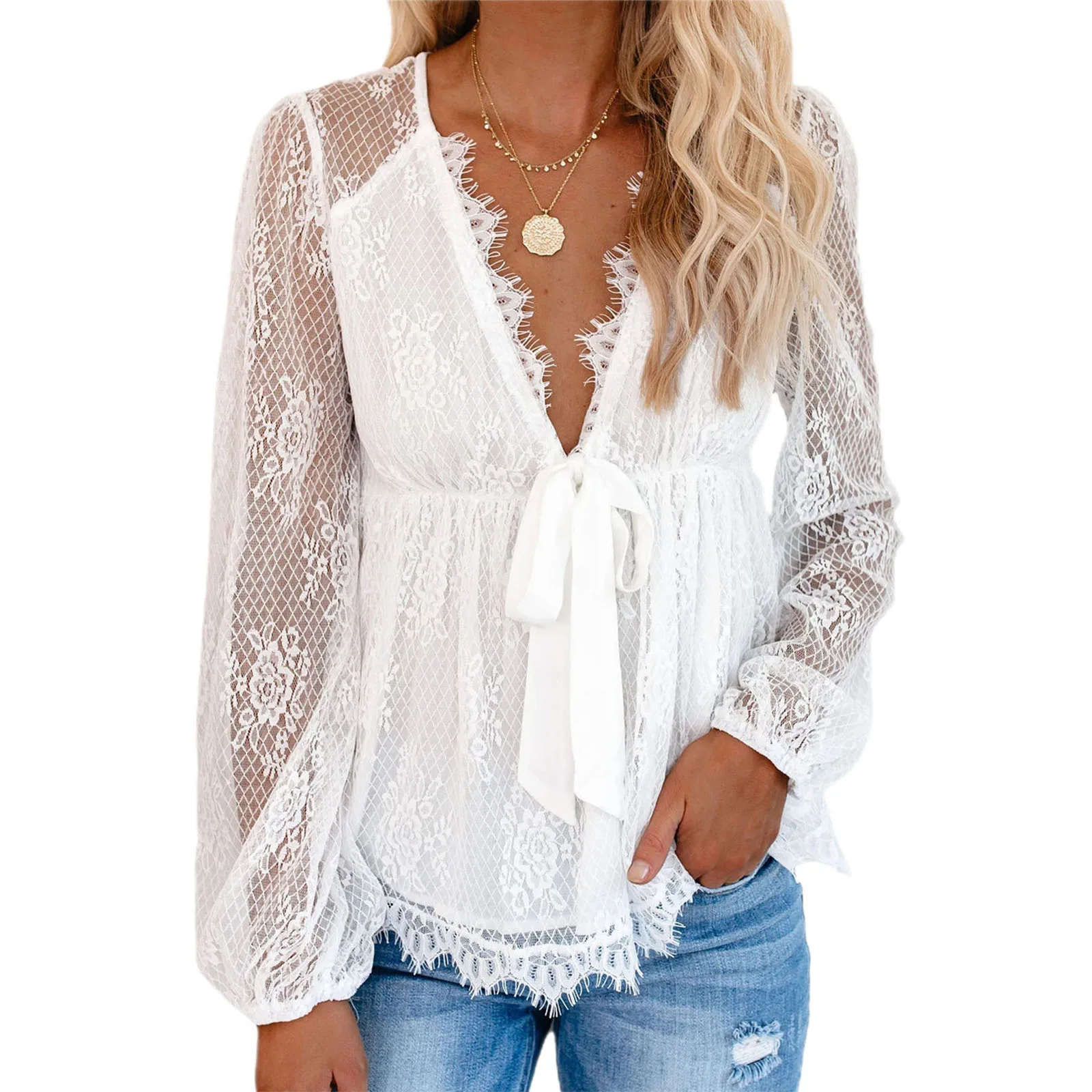 

Women Deep V-neck Lace Stitching Long-Sleeve Shirt with Ribbon Female Sexy Lace Solid Patchwork Blouse S-XL Black/White