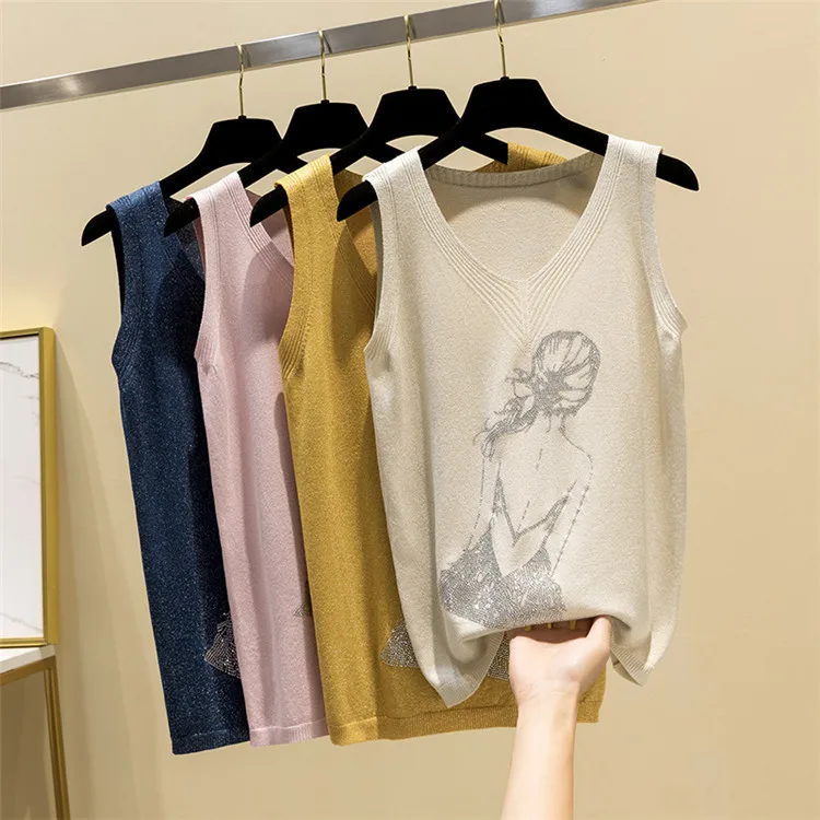 

Sexy Tank Top Women Girl Knitted Vest V-neck Streetwear Casual Tank Top Women Summer Thin Bright Silk Sleeveless Outwear Tops