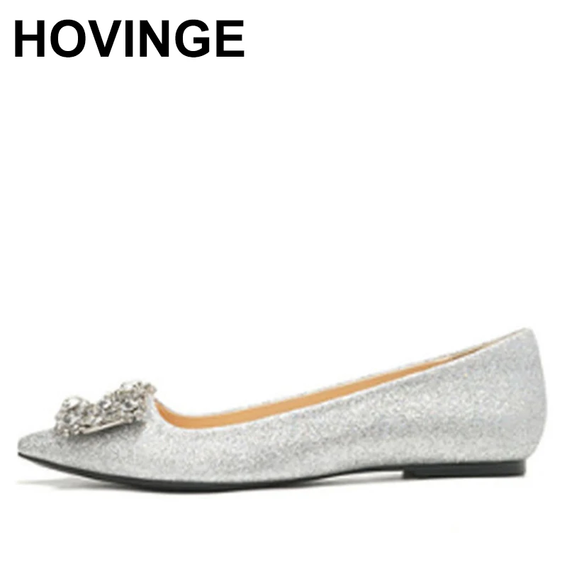 

Женские свадебные туфли HOVING с квадратной пряжкой, удобные блестящие лоферы на плоской подошве, с заостренным носком, с кристаллами, блестящ...
