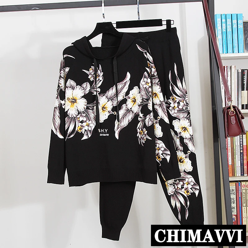 

Европейский осенний женский спортивный костюм 2020, вязаный комплект, свитер с капюшоном и цветочным принтом, повседневный комплект из 2 пред...