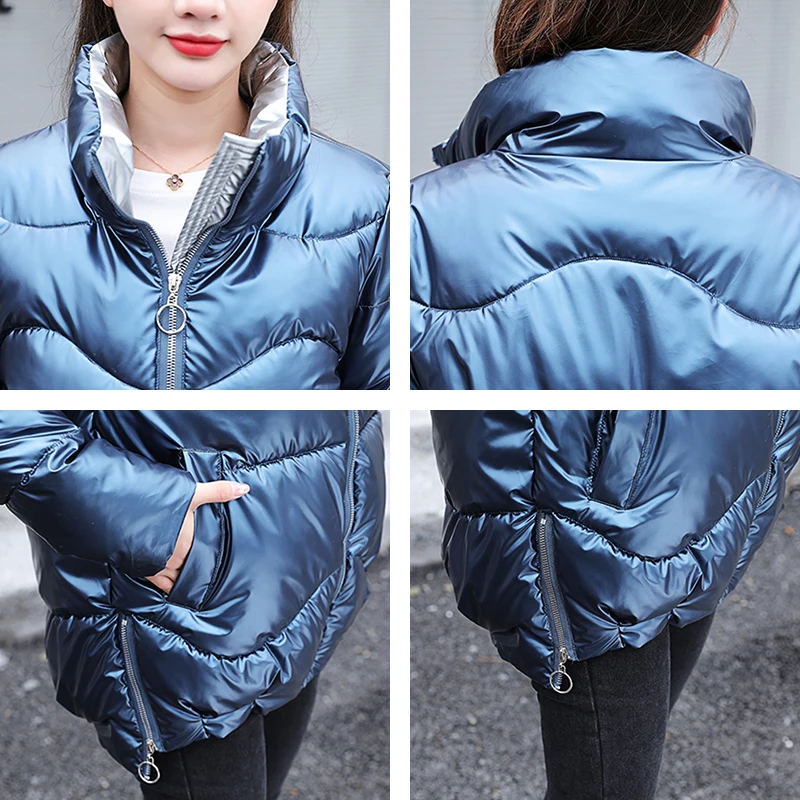 

Women's 2020 Long Jacket Shiny Plus Size Solid Parkas Female Winter Stand Collar Cotton Padded Glossy Casual Thick Coat Ladies