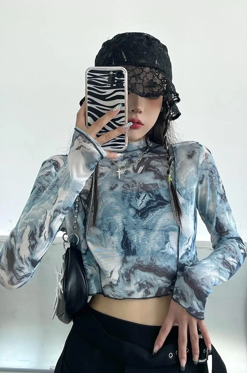 

Sunscreen mesh top female summer 2021 new ins Hyun-a Kim wind tie-dye loose bf short long-sleeved T-shirt tide