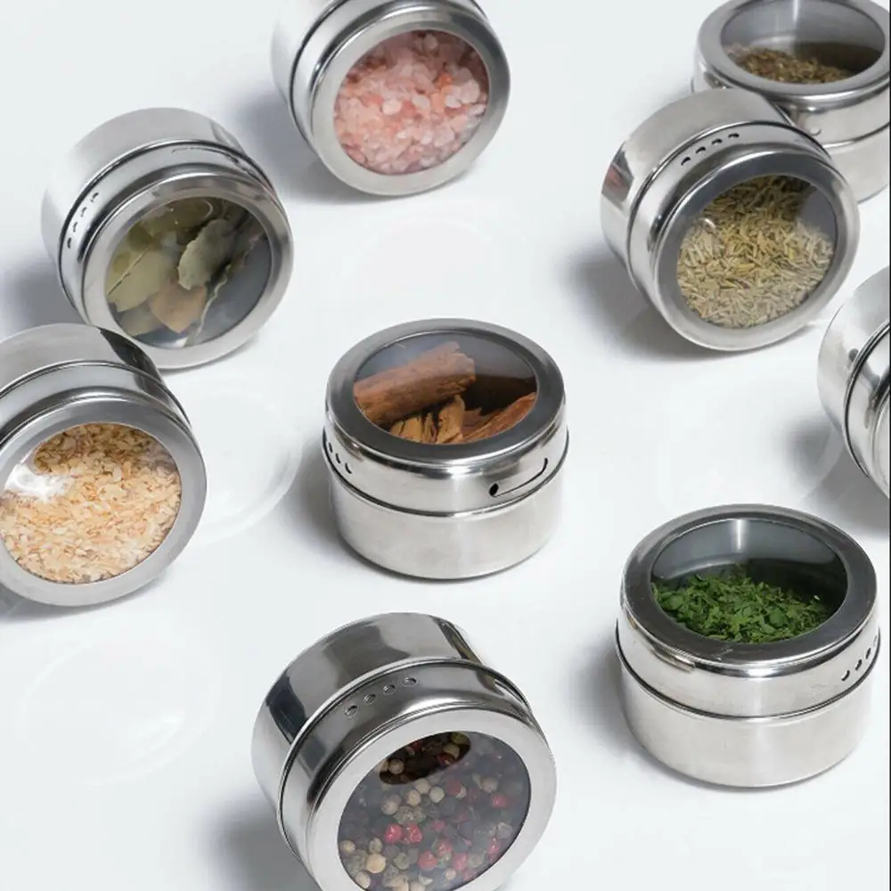 

12pcs/set Kitechen Magnetic Spice Jars Rack Spices Storage Tins Stainless Steel Condiment Pot Seasoning Shakers Containers