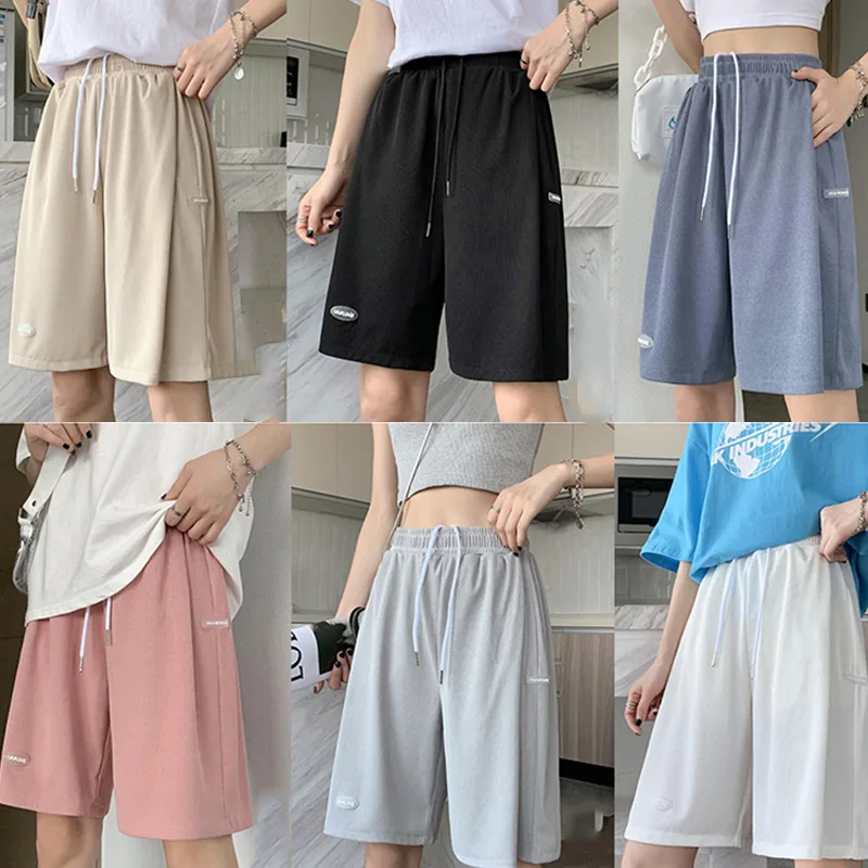 

Summer Ice Silk Sports Shorts Women Elastic High Waist Drawstring Loose 2021 Streetwear Running Casual All-match Straight Short