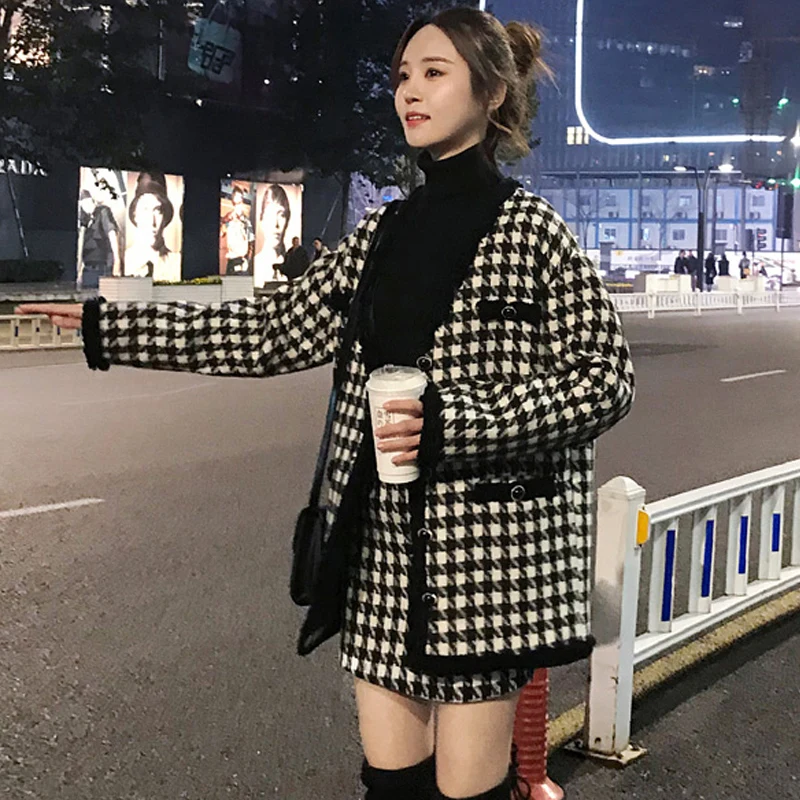 Черно-белый плед твидовый жакет + юбка костюм осень / зима женская шерстяная
