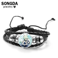 songda genshin impact black leather bracelets japan anime patterns cabochon glass dome badge bracelet anime lovers jewelry gifts