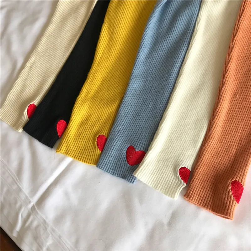 

2021 Autumn SpringLove Embroidery Turtleneck Sweaters Women New Solid Slim Fit Temperament Knitted Pullovers Yellow