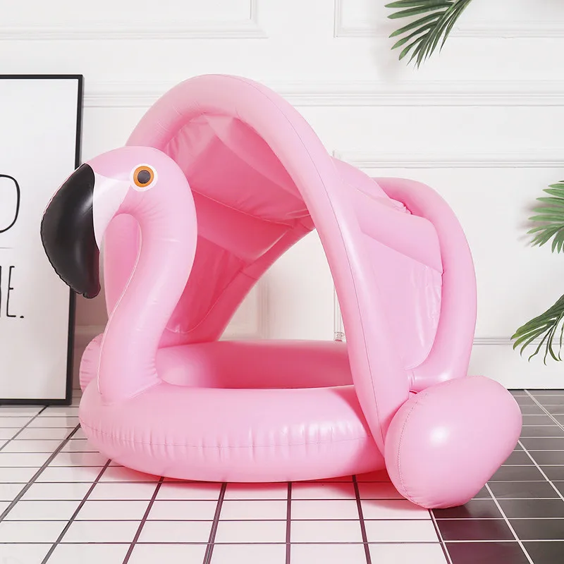 

New Summer Children with Awning Flamingo Seat Ring Baby Inflatable White Swan Swimming Ring with Canopy