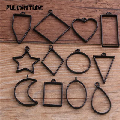 mix -12pcs Pulchrode 10 шт./лот 12 видов стилей черный цвет сплав ювелирные аксессуары геометрический брелок полые клей пустой кулон лоток ободок 11A - Окраска металла: mix -12pcs