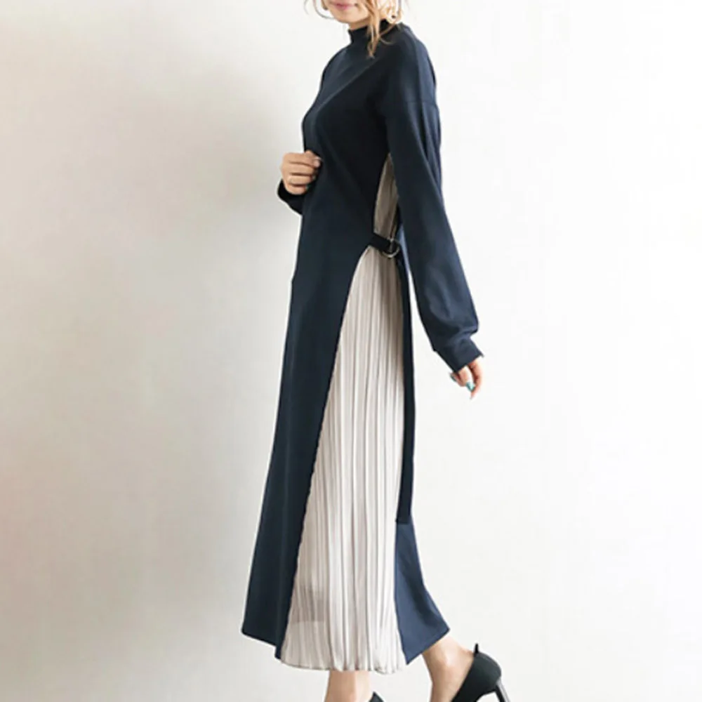 

Shirt Dress 2019 Autumn Women Korean Fake Two Piece Knitted Dress Long Sleeve Fashion Patchwork Dress Casual Pleated Dresses