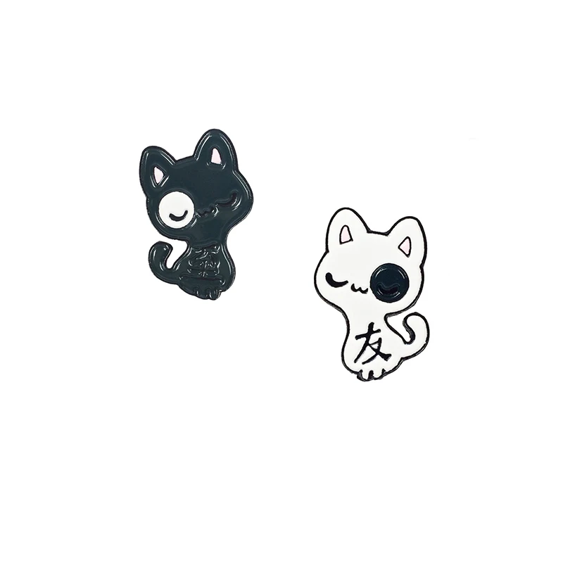 

New cute black and white cat metal brooch trend wind mini lettering cat badge brooch fashion best friend jewelry gift