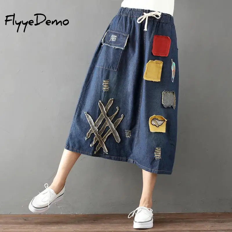 Фото Качественная Лоскутная Женская джинсовая юбка длинная осень 2019 Повседневная