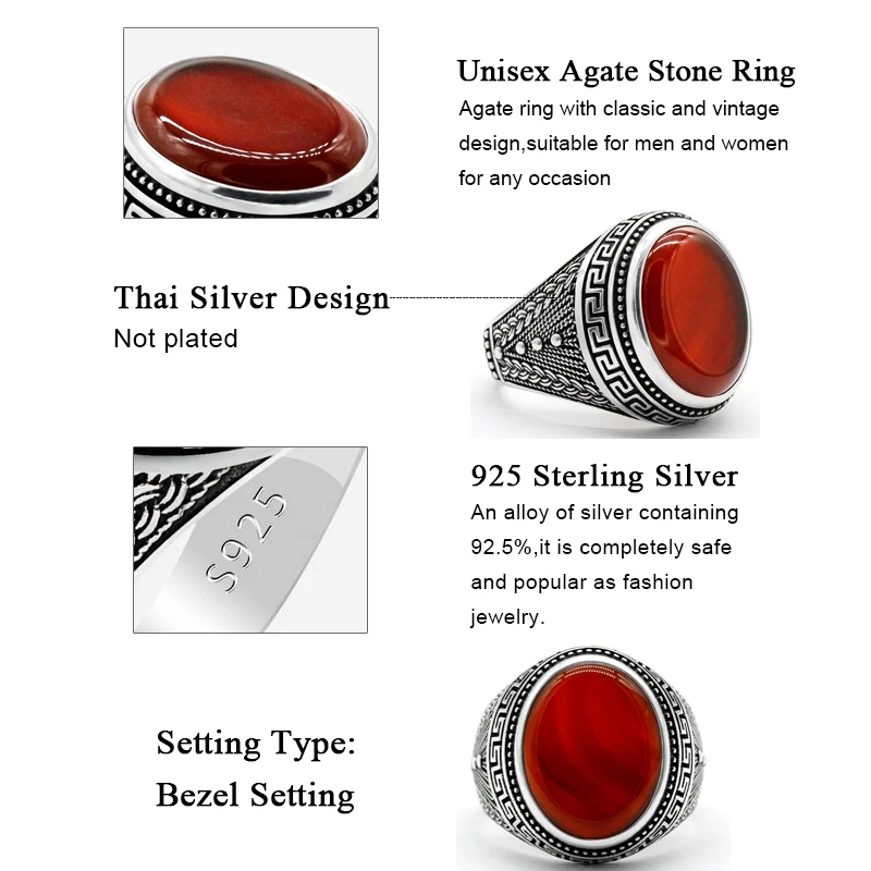 Натуральный красный агат камень кольцо для Для мужчин 925 пробы серебро Винтаж
