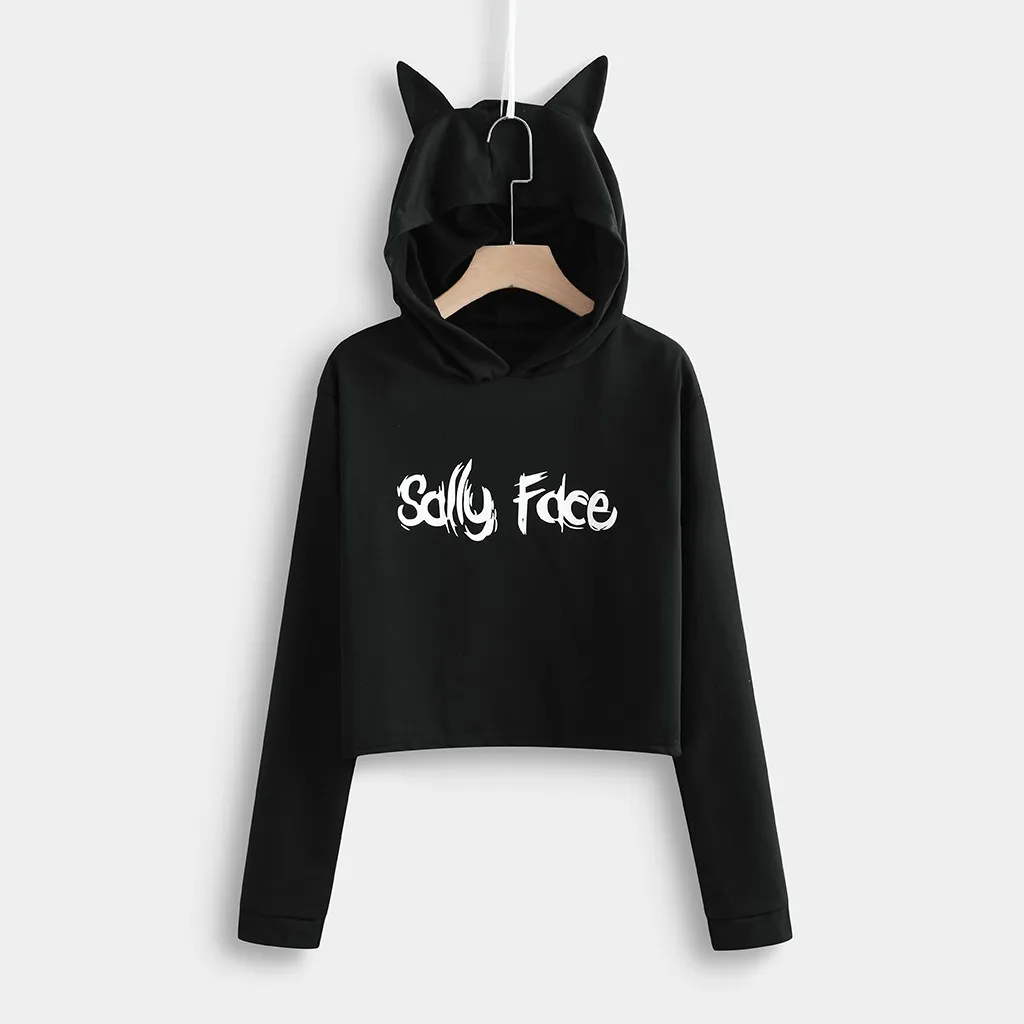 Женские толстовки с капюшоном, укороченный топ с надписью «SALLY FACE» и кошачьими ушками, укороченная Толстовка с длинным рукавом, пуловер с капюшоном, женская уличная одежда