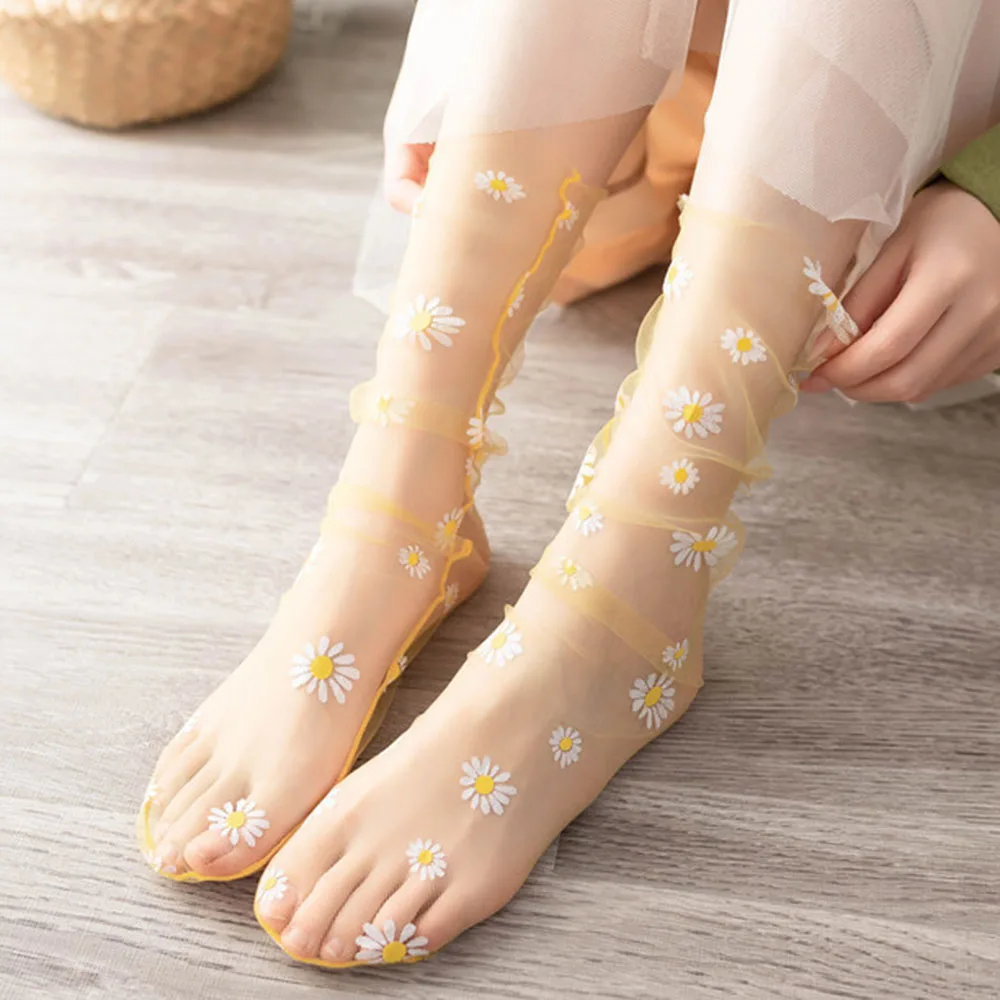 Модные ультратонкие прозрачные носки женские сетчатые тюлевые с маргаритками и