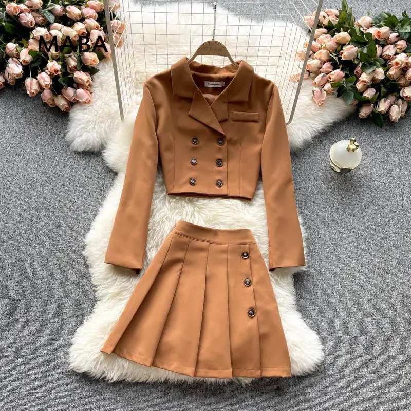 

2021 Autumn Mini Skirt Suit New Women Short Blazer Jacket+high Waist Pleated Mini Skirt Solid Preppy Style 2-piece Set Korean