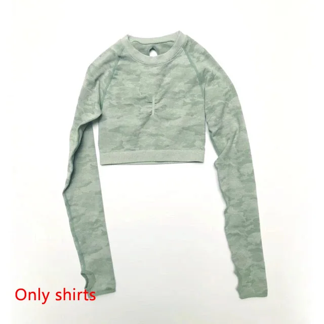 Green Top Камуфляжной расцветки, Yoga 3 шт. набор бесшопное кроп топ с длинными рукавами+ леггинсы, спортивный бюстгальтер+ Для женщин леггинсы для пробежек, спортзала Высокая Талия спортивный костюм для фитнеса - Цвет: Green Top