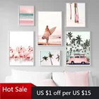 Настенная картина розового пляжа, фламинго, пальма, доска для серфинга, Картина на холсте, скандинавские принты, настенные картины для постеров, эстетическое украшение комнаты