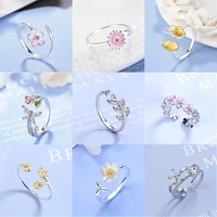 drop glaze pink flower rings for women cubic zirconia leaves finger opening ring 2021 trend korean fashion jewelry party gift