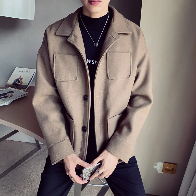 Осень и зима мужское однобортное шерстяное повседневное пальто короткий
