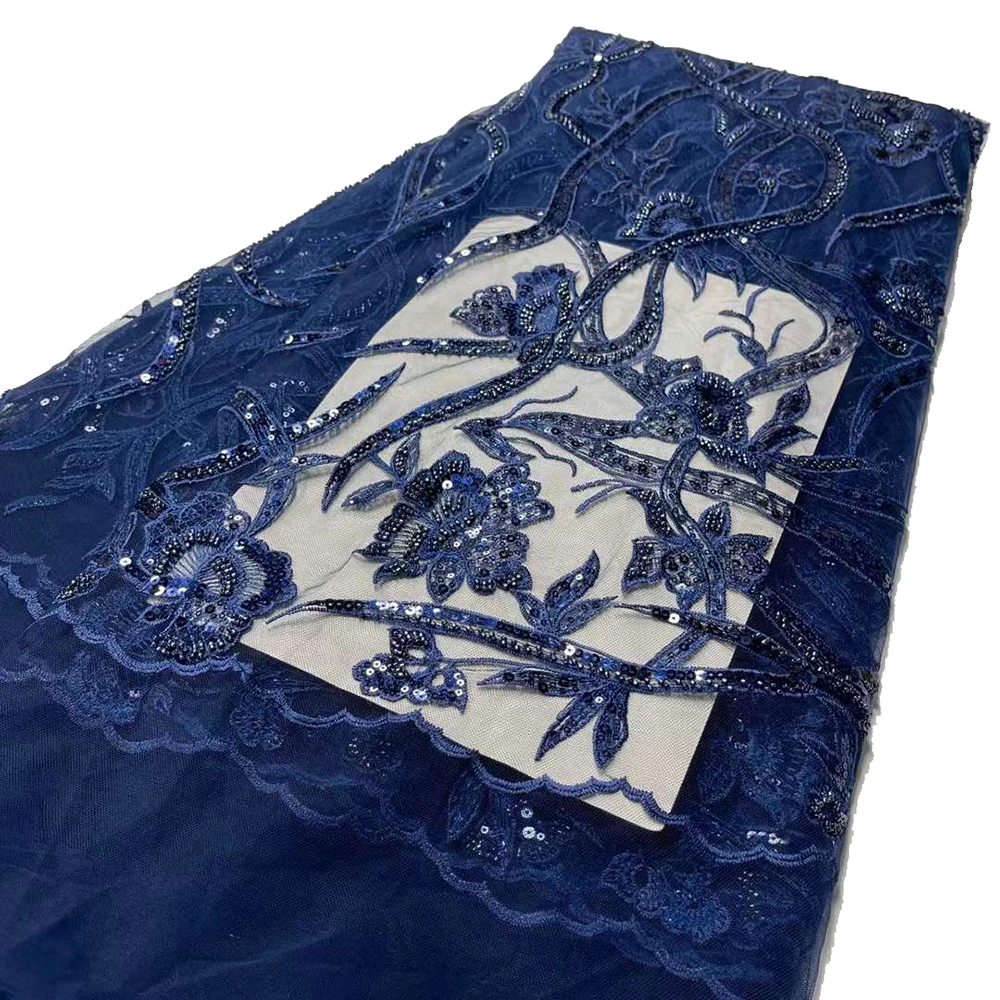 

Navy Blue Bridal Nigerian French Mesh Lace Top Quality African Heavy Handmade Embroidery Sequins Beaded Lace Fabric For Dress