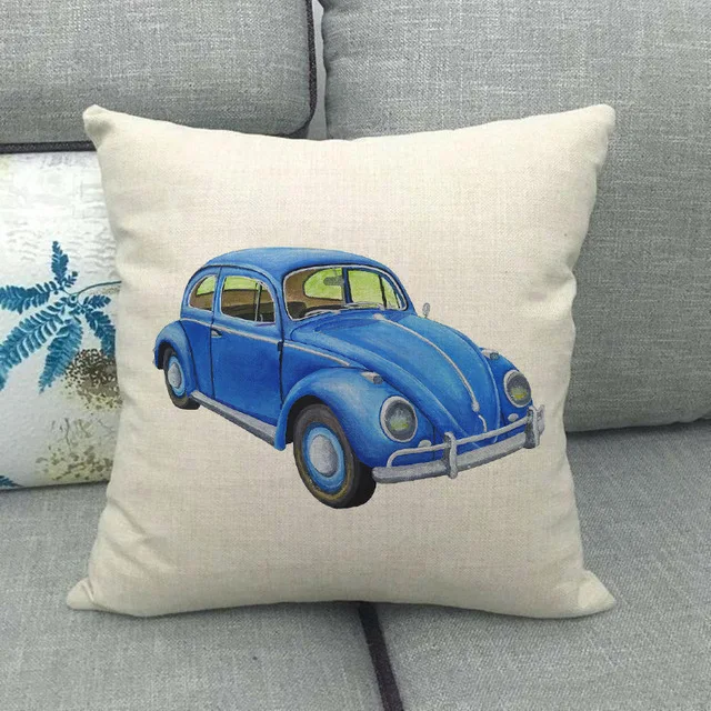 

45cm * 45cm Unique Watercolor Car Beetle Design Linen / Cotton Pillowcase for Home Bedroom Hotel Car Decoration Pillowcase