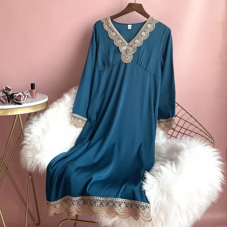 

Women Nightgown Intimate Lingerie V-Neck Nightwear Summer New Long Sleeve Home Dressing Gown Satin Sexy Nightgown Homewear