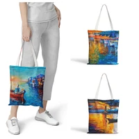retro oil painting print women tote bag for harbor photo women casual tote ladies shoulder bag outdoor beach bag daily hand bag