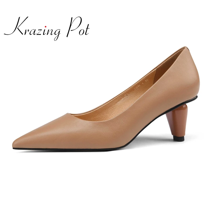 

krazing pot full grain leather pointed toe strange high heels special design solid shallow slip on spring new women pumps L09