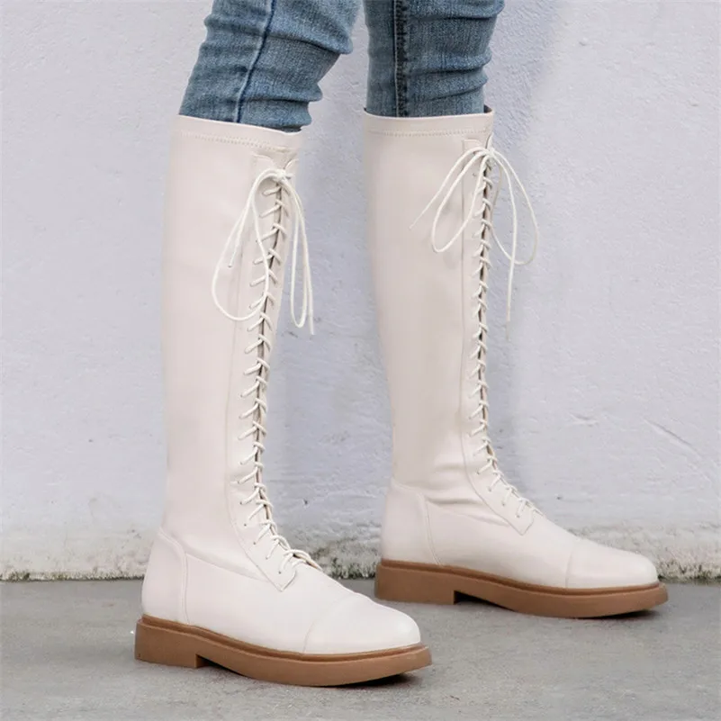 

Meotina Genuine Leather Flat Platform Motorcycle Boots Knee High Boots Women Shoes Lace Up Stretch Long Boots Lady Autumn Beige