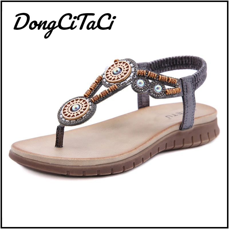 

DongCiTaCi Women's Sandals Gladiator Bohemia Flat Sandals Flip Flop Shoes For Women Crystal String Bead Beach Ethnic Sandales