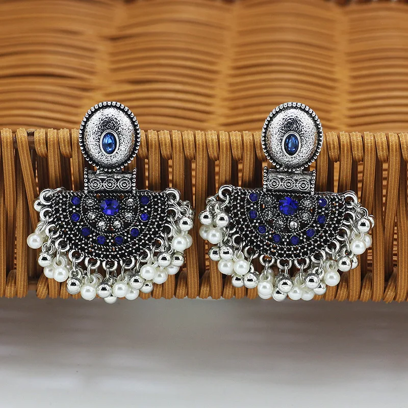 

Indian Traditional Jhumki Jhumka Earrings for Women Boho Big Fan Crystal Pearl Beaded Tassel Ethnic Drop Earrings Afghan Nepal