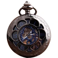 vintage classic steampunk black hollow pocket watch men auto stainless steel men woman mechanical pocket watch for free shipping