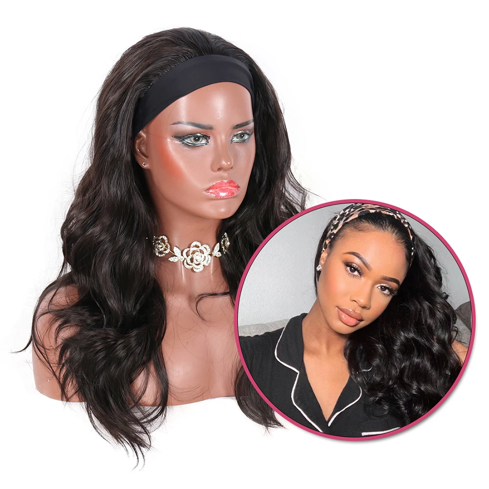 

Natifah Hair Headband Long Wavy Wigs For Black Women Wholesale Body Wave Synthetic Headwraps 2021 New Arrival Color 1B Wigs